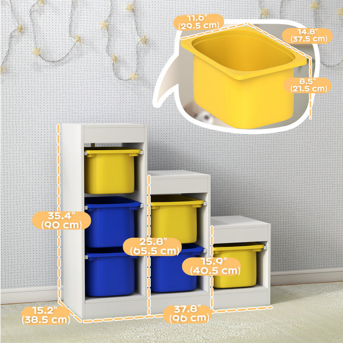 Qaba Toy Storage Organizer with 6 Plastic Bins, 3 Layers Children Toy Storage with Anti-tipping Design, for Ages 3–8 Years, Study Room, Playroom, Yellow & Blue