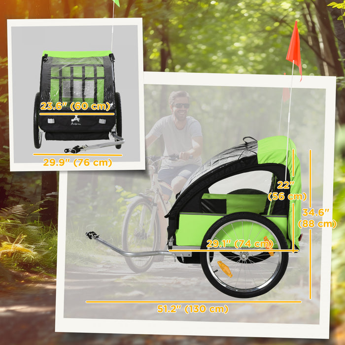 Aosom 2 Seat Bike Trailer for Kids Double Baby Toddler 80lbs Load w/ Steel Frame, 5-Point Safety Belts, Universal Bicycle Connect, Reflectors, Red Flag, Waterproof Cover, Green