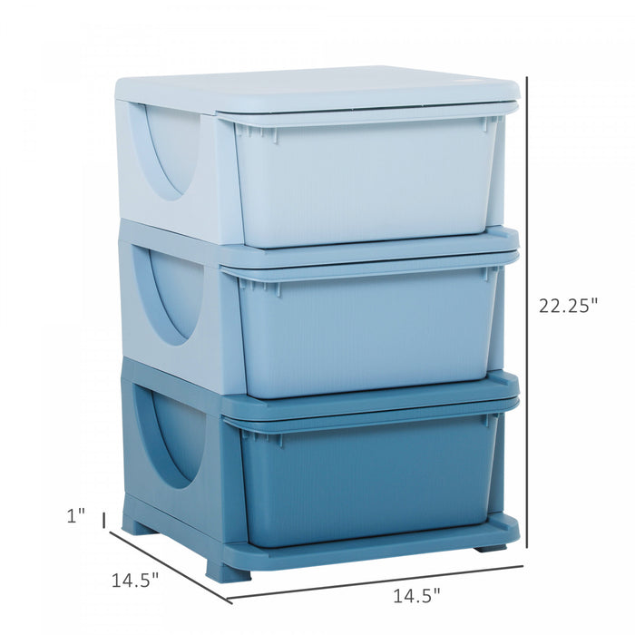 Qaba Kids Toy Storage Organizer With 3 Plastic Bins, 3 Tier Drawer Chest Utility For Kids Bedroom Nursery Kindergarten Living Room For Boys Girls Toddlers, Blue