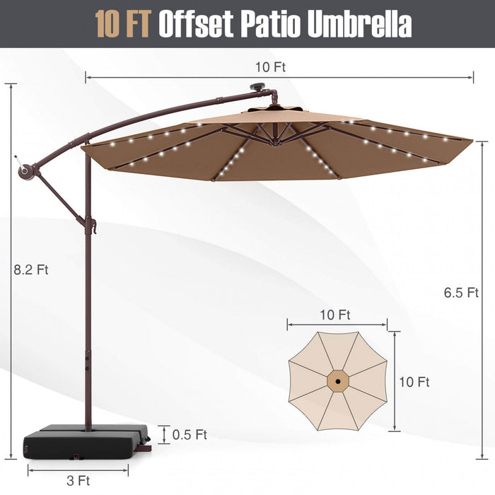Costway Patio 10FT Hanging Offset Umbrella 32 LED Lights Sand Bag Outdoor Cross Base