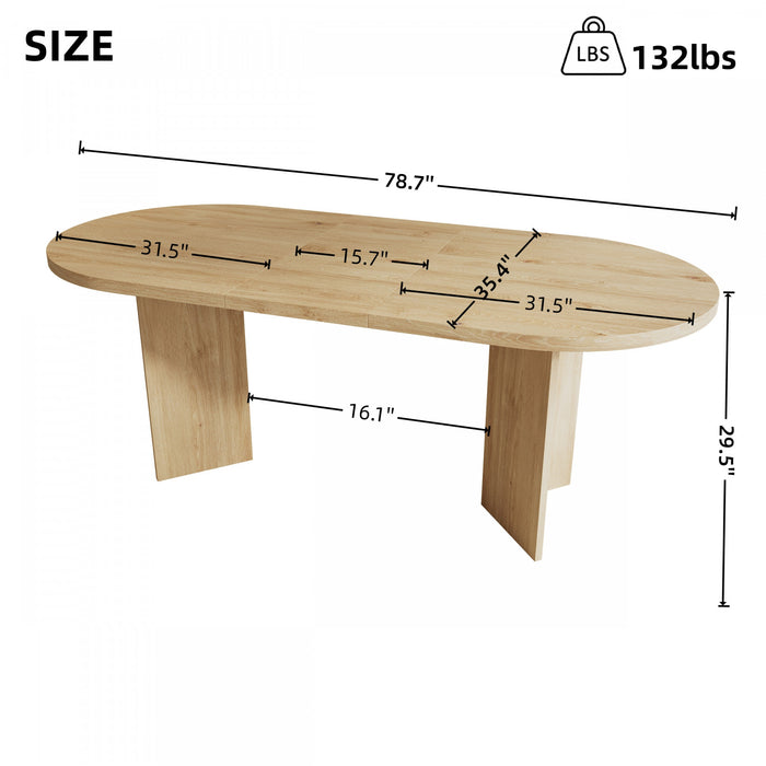 Ovalux 79 Inch Modern Oval Dining Table with Dual Pedestal Base and Wood Finish, Oak