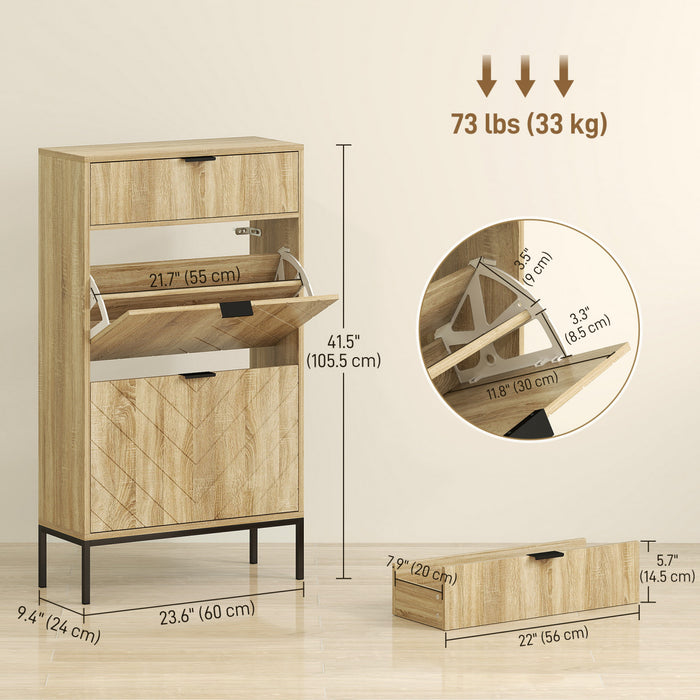 HOMCOM Shoe Cabinet with 2 Flip Drawers Adjustable Shelves for 8 Pairs Oak