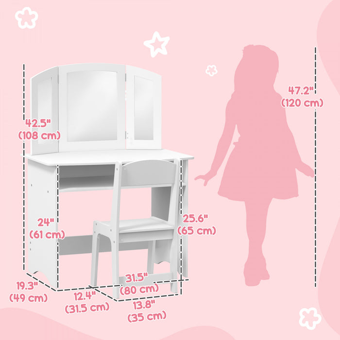 Qaba Kids Vanity Set, 2 In 1 Makeup Dressing Table Writing Table Pretend Play With Mirror Stool, Storage Shelf, Detachable Top, For Little Girls Aged 3-8 Years, White