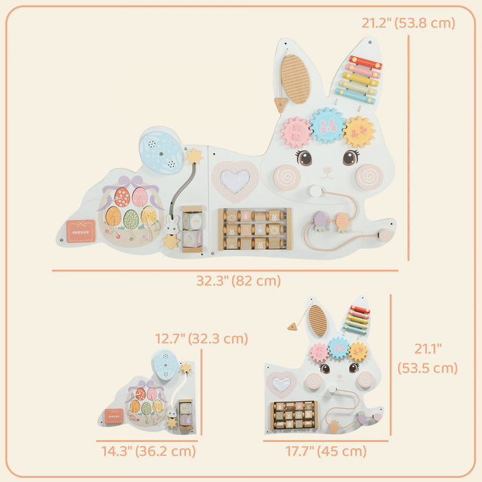 Qaba Easter Bunny Activity Wall Busy Board, Wooden Montessori Sensory Toys for 1.5-6 Y, Interactive Learning Activity Center for Playroom Nursery, Educational Toys for Toddler
