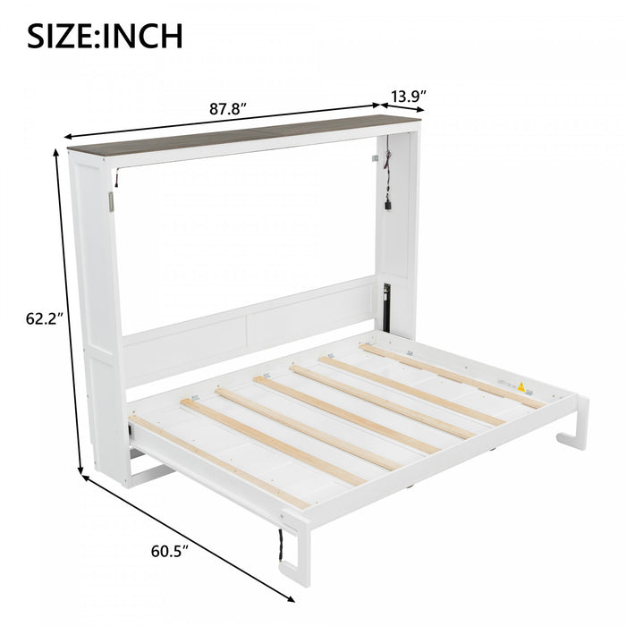 Olivia Solid Wood Murphy Bed with LED Light and Foldable Cabinet,Queen Size,White Queen Bed