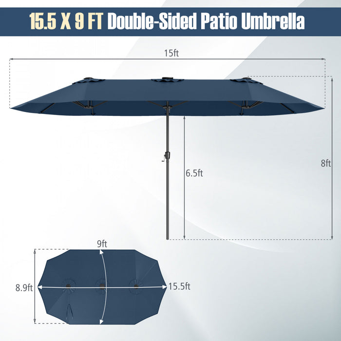 Costway 15.5 FT Extra-Large Patio Umbrella with LED Solar Lights & 12 Heavy-Duty Ribs Navy
