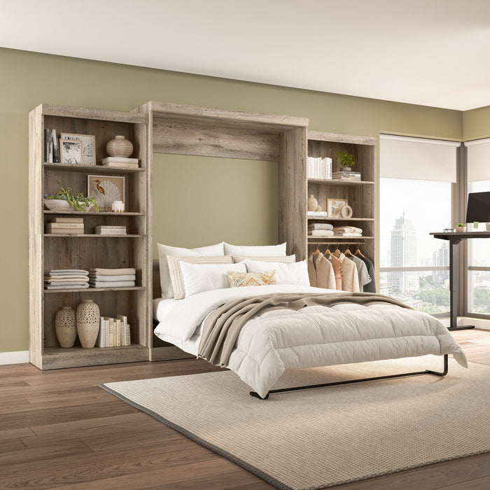 Bestar Pur Queen Murphy Bed with Two Shelving Units 136-Inch Wall Bed - Rustic Brown