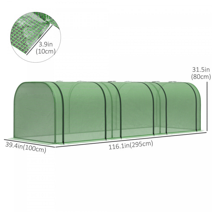 Outsunny 9.7' X 3.3' X 2.5' Pe Mini Tunnel Greenhouse Garden Green Grow Shed Portable Plant Flower Warm House Steel Frame Zipped Doors, Dark Green