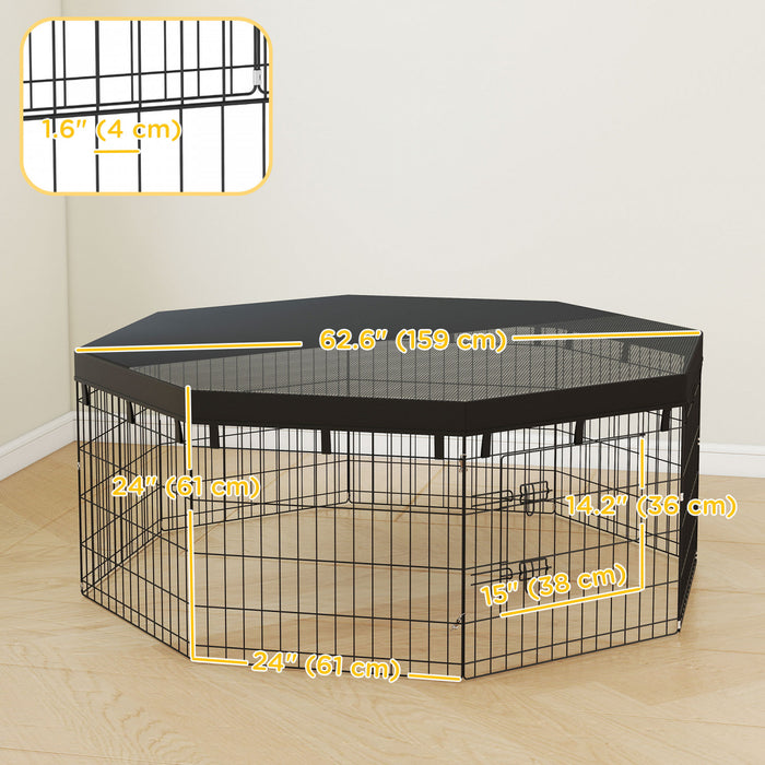 PawHut Dog Playpen, 8 Panels Foldable Dog Pen with Sunproof Top Cover, 8 Ground Stakes, 24\"H Dog Fence for Indoor Outdoor, for Small and Miniature Dogs and Pets