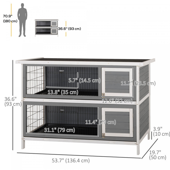 Pawhut 54\"l 2-story Large Rabbit Hutch Bunny Cage Wooden Pet House Small Animal Habitat With Lockable Doors, No Leak Tray And Waterproof Roof For Outdoor/indoor Grey&white