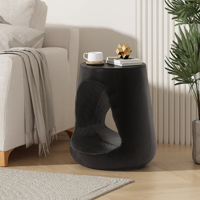Elio 16.75\" Rustic Hollow Tree-Stump MGO Accent Table, Pet-Friendly Indoor Side Table, Black