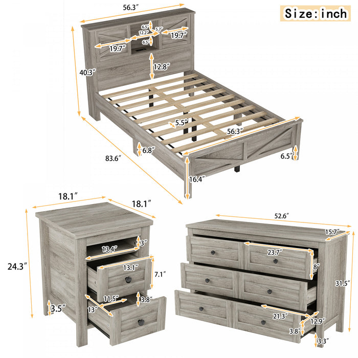 Madison Bedroom Set Farmhouse Platform Bed with Storage and Charging Station,Full Size，Grey Full Bed