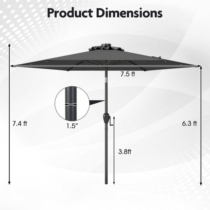 Costway 7.5 ft Solar Powered Patio Umbrella with LED Lights Push Button Tilt Crank Handle Gray