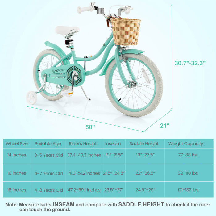 Costway 18\" Kid's Bike With Training Wheels Adjustable Handlebar Seat Handbrake Green