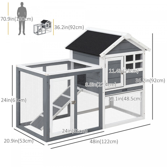 Pawhut 48\" Weatherproof Wooden Rabbit Hutch With Slant Roof And Screened Outdoor Run, Grey