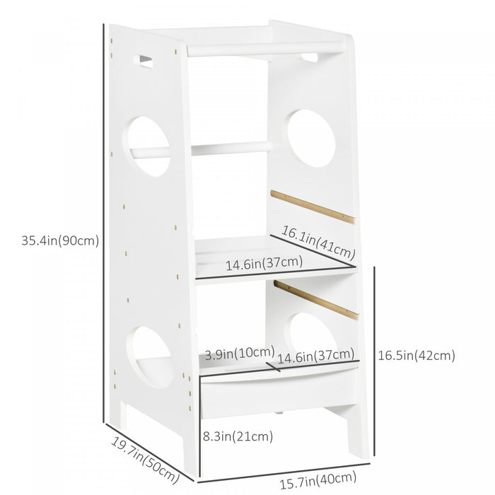 Homcom Toddler Kitchen Step Stool With Adjustable Standing Platform & Safety Rail, White