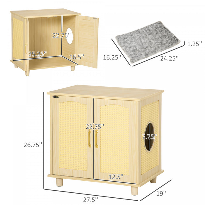 Pawhut Cat Litter Box Enclosure With Soft Cushion, Indoor Cat Washroom Storage Bench End Table With Pe Rattan Trim, Magnetic Doors, Easy Assembly, Oak