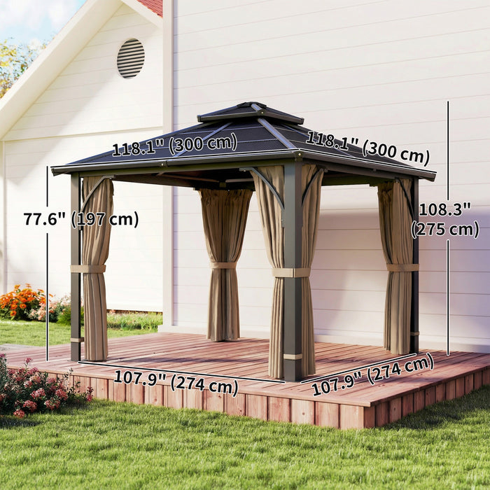 Outsunny 10' x 10' Hardtop Polycarbonate Gazebo with Curtains, Khaki