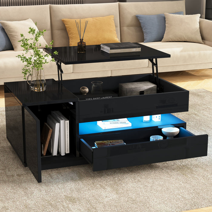 Oliver Height Adjustable Coffee Table with Drawer Cabinet LED Lighting and Storage,Black