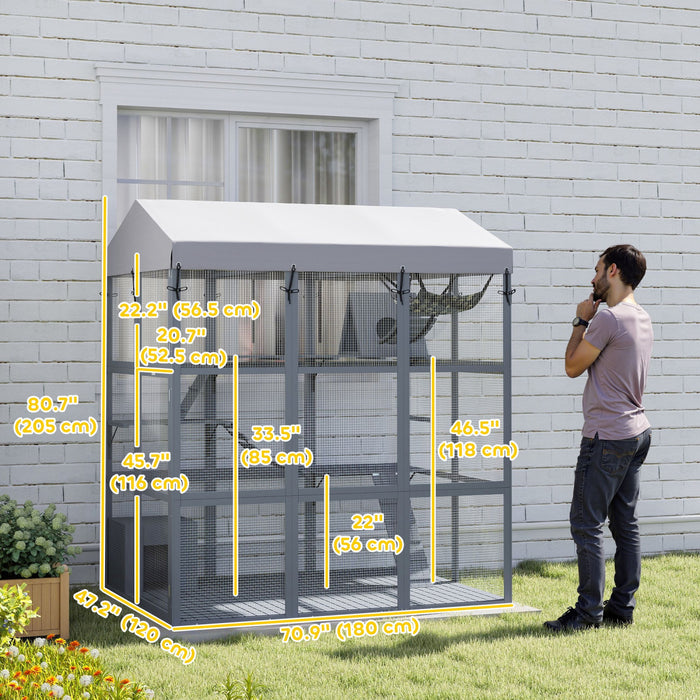 Pawhut Large Cat House With Anti-escape Floor, 81\" H Wooden Catio Outdoor Cat Enclosure With Waterproof Cover, Walk In Door, Condo, Hammock, Ramp, Bridge, For 2-4 Cats