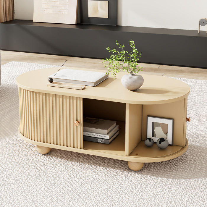 Ethan Oval Coffee Table with Sliding Doors and Hidden Storage,Natural Wood