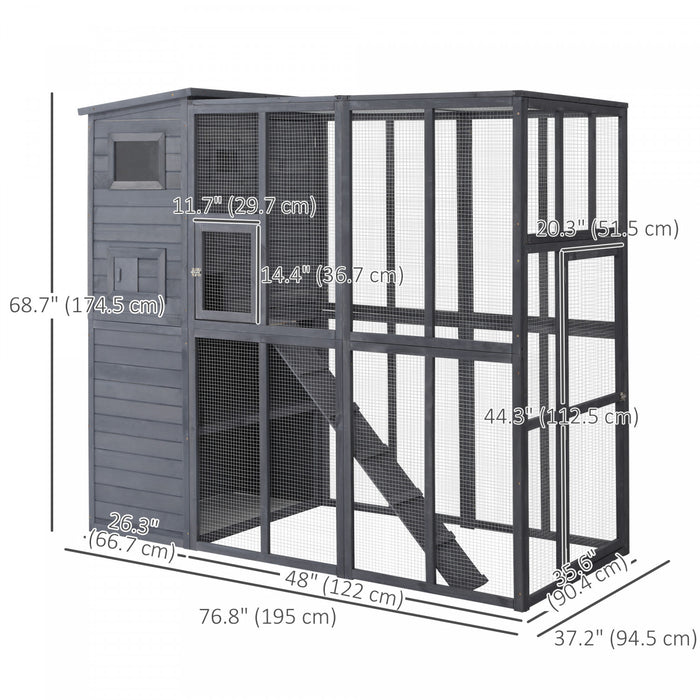 Pawhut Large Catio Outdoor Cat Enclosure Weatherproof Cat House With Cat Condo, Indoor Wooden Cat Cage Pet Kennel, 77\"l X 37\"w X 69\"h, Grey
