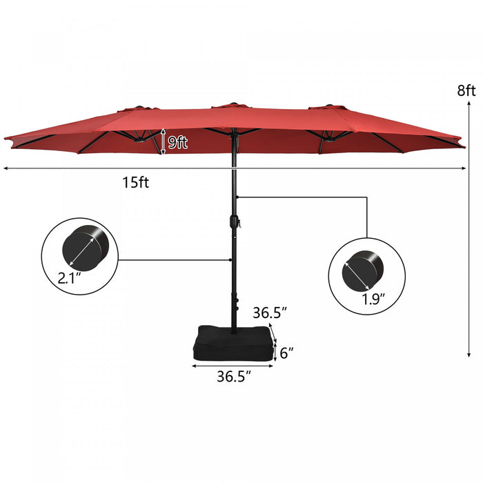 Costway 15FT Double-Sided Twin Patio Umbrella Outdoor Market W/ Crank & Base Wine