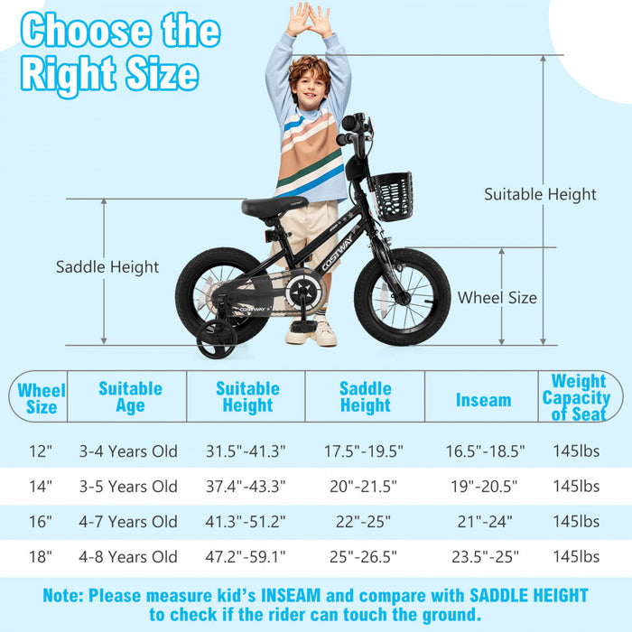 Costway 14\" Kid's Bike With Training Wheels Adjustable Handlebar & Seat Handbrake Black