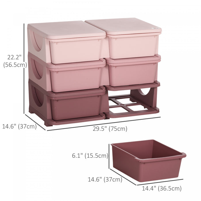 Qaba Kids Toy Storage Organizer With 6 Plastic Bins, 3 Tier Drawer Chest Utility For Kids Bedroom Nursery Kindergarten Living Room For Boys Girls Toddlers, Pink