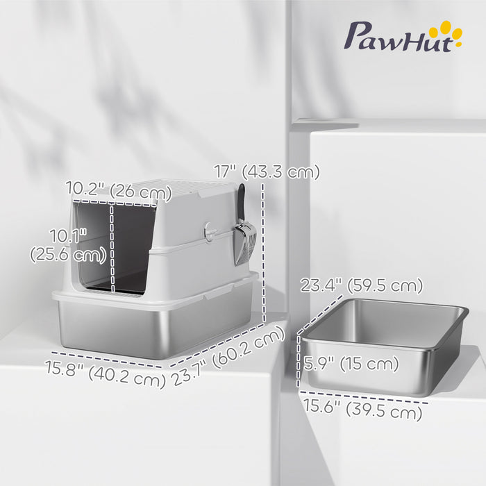 Pawhut Xl Stainless Steel Cat Litter Box With Lid, Extra Large Enclosed Metal Litter Box For Big Cats With Scoop, Flip Top, Easy Clean & No Odors, Non-sticky