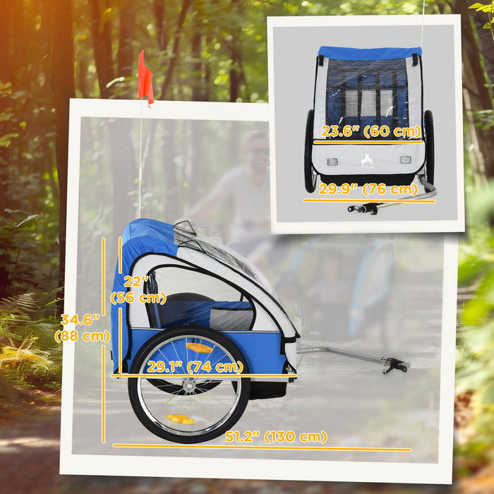 Aosom 2 Seat Bike Trailer for Kids Double Baby Toddler 80lbs Load w/ Steel Frame, 5-Point Safety Belts, Universal Bicycle Connect, Reflectors, Red Flag, Waterproof Cover, Blue