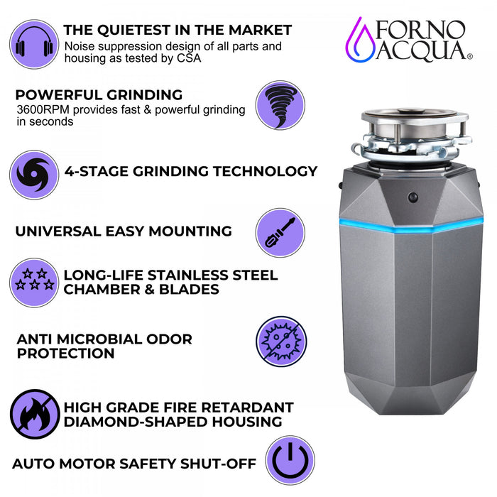 BrightDIAMOND 3/4HP Quietest Waste Disposer, LED Cabinet Light, Corded & Air Switch, Black Onxy - WDD075TA1BO Food Disposer