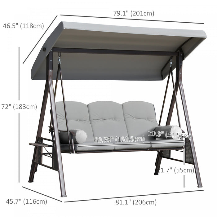 Outsunny 3 Seater Porch Swing Heavy Duty Outdoor Swing Chair Outdoor Lounge Hammock Cushioned Seat W/ Tilt Canopy, Light Grey