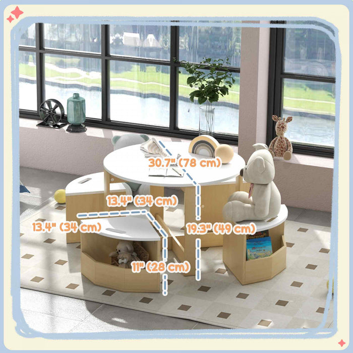 Qaba Kids Table And Chairs Set, 5 Piece Toddler Table And Chairs Set With Storage For Art, Craft, Drawing, Playroom, Classroom, Nursery, White