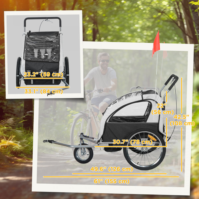 Aosom 2-Seat Bike Trailer for Kids, 2-in-1 Baby Stroller Bicycle Trailer 88 lbs Load with 5-Point Harness, Rubber Wheels, Storage, Safety Flag, Reflectors, Foldable Frame, Black
