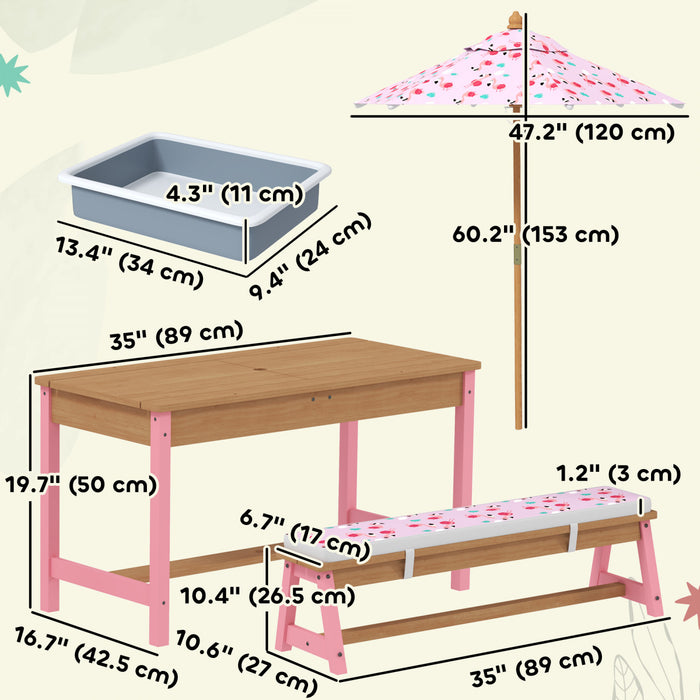 Qaba Kids Picnic Table with Umbrella, Toddler Sand and Water Table Outdoor, with Cushions & 2 x Boxes, Wooden Outdoor Activity Table and Bench Set for Backyard Garden Patio, Pink