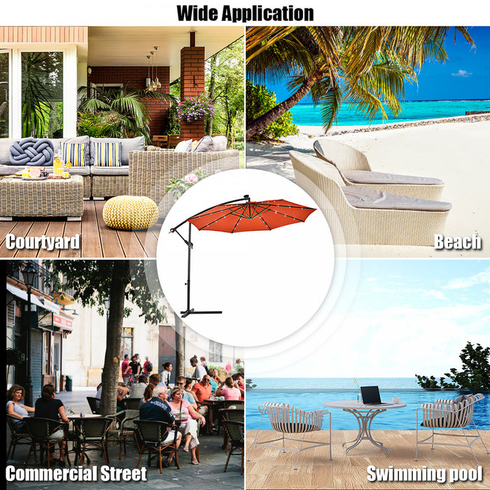 Costway 10' Hanging Solar LED Umbrella Patio Sun Shade Offset Market W/Base Orange