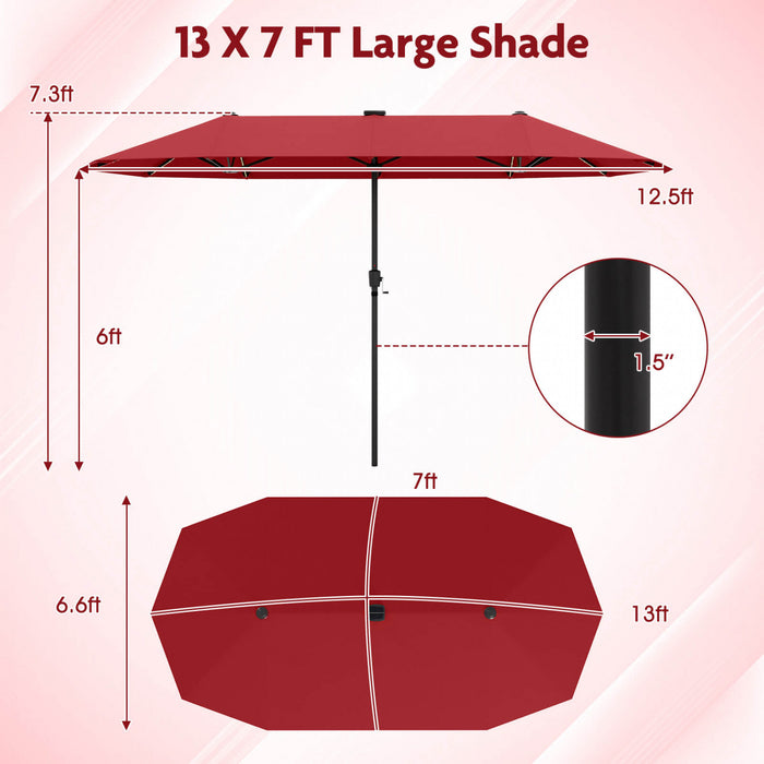 Costway 13 FT Large Patio Umbrella with LED Solar Lights Crank Handle 12 Heavy-Duty Ribs Wine