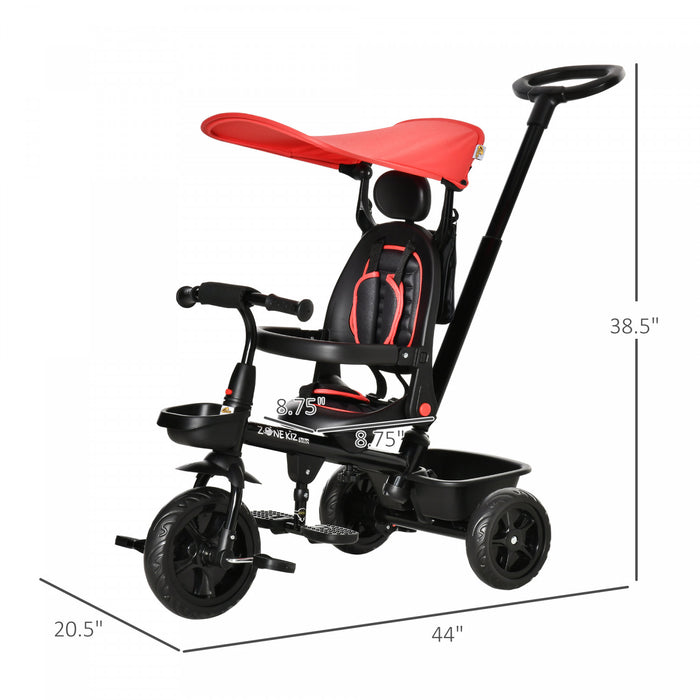 Qaba Kids Tricycle 4 In 1 Trike With Reversible Angle Adjustable Seat Removable Handle Canopy Handrail Belt Storage Footrest Brake Clutch For 1-5 Years Old Red