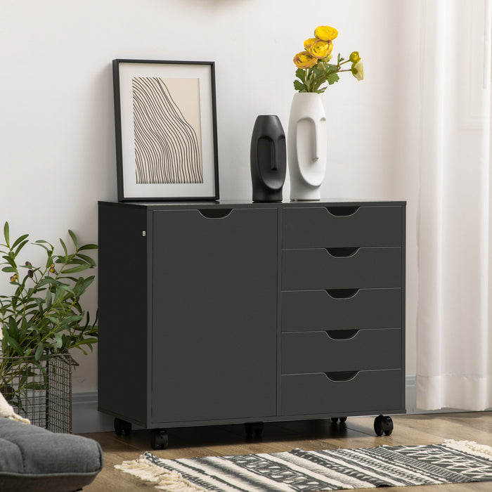 HOMCOM Modern Mobile 5-Drawer Chest with Door, Office Storage Cabinet Black