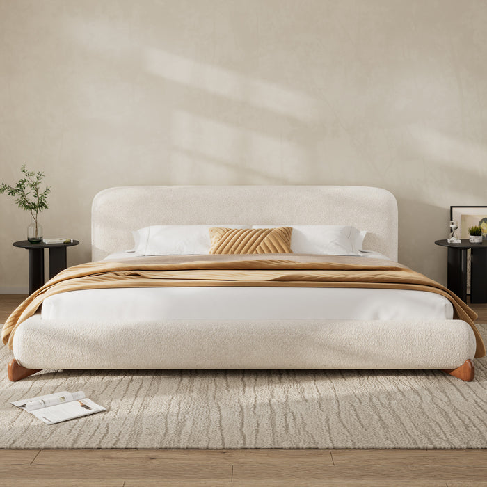 Emma Low Profile Platform Bed Frame with Curved Headboard and Boucle Upholstery, King Size,Cream White King Bed