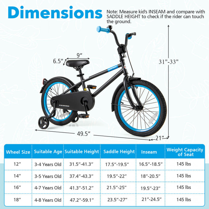 Costway 18\" Kids Bike With Adjustable Saddle Handlebar Removable Training Wheels Handbrake Black