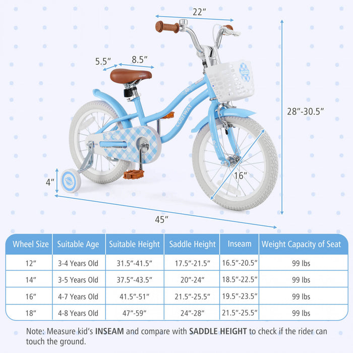 Costway 16\" Kids Bike Toddler Adjustable Bicycle With Training Wheel For 4-7 Years Old Girl Blue