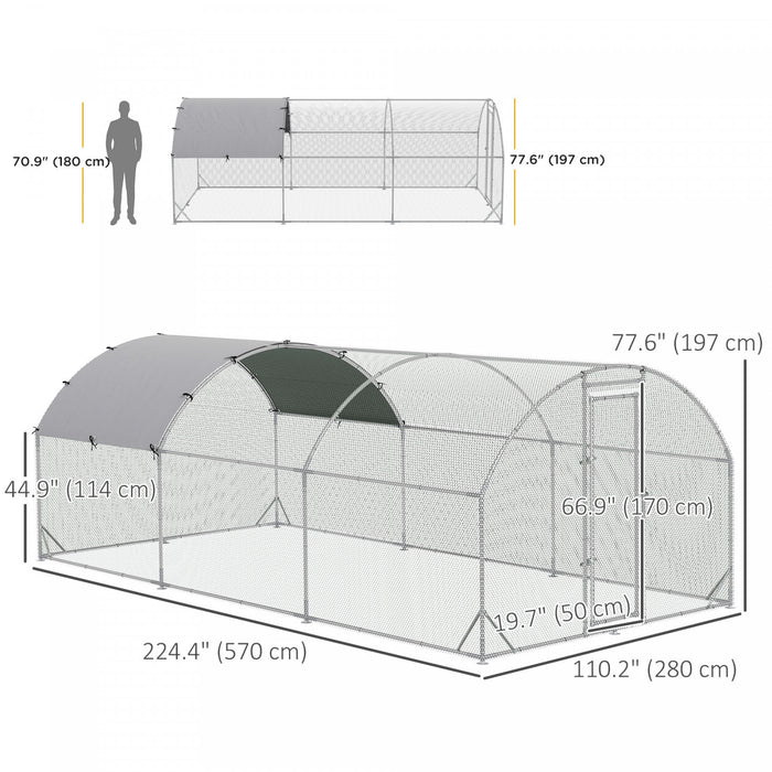 Pawhut Galvanized Large Metal Chicken Coop Cage Walk-in Enclosure Poultry Hen Run House Playpen Rabbit Hutch With Cover For Outdoor Backyard 9.2' X 18.7' X 6.5' Silver
