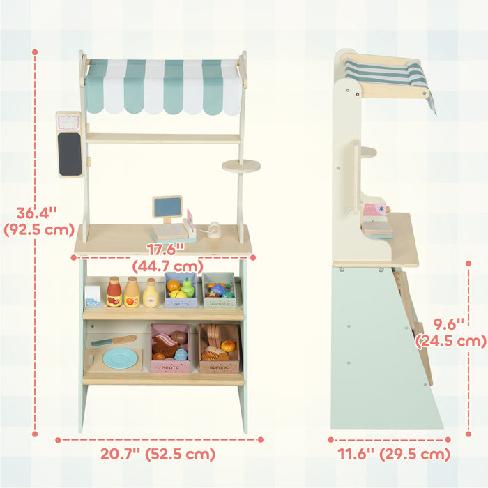 Qaba Kids Grocery Store Playset, Supermarket Toy Set with Cash Register, Chalkboard and Rich Accessories, Pretend Play Market Stand, Gift for Toddler Boys Girls, Green