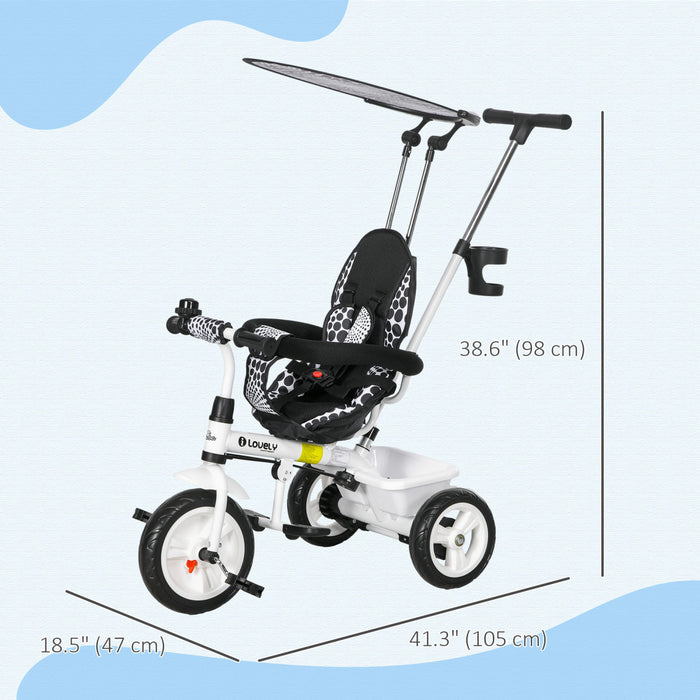 Qaba Kids Tricycle, 6 In 1 Push Bike Stroller With Removable Handlebar, Safety Fence And 5-point Harness, Canopy, Storage Basket, For Toddler 12-60 Months, White