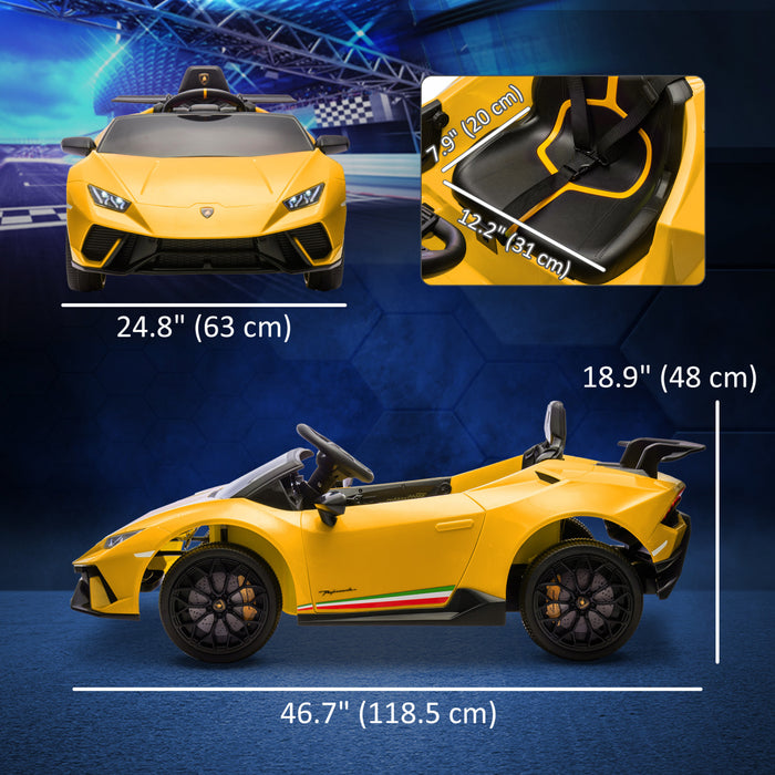 Qaba 12v Electric Powered Ride-On Car For Kids, Lamborghini Huracan Licensed Kids Car With Remote Control, Spring Suspension, Transport Wheels, Soft Start, Led Light, Music, For 3-6 Years, Yellow