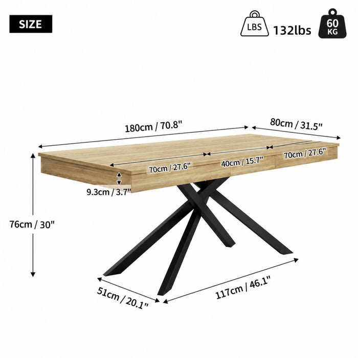 FlexDine 55-71 Inch Rectangular Extendable Dining Table with Cross Legs and Oak Finish, Oak
