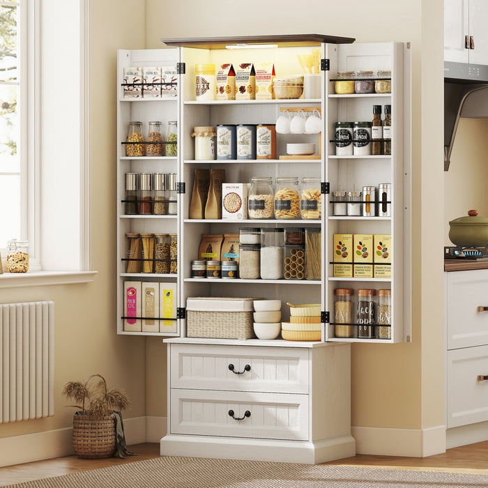 HOMCOM 72\" Kitchen Pantry Cabinet with LED Light and Door Shelves, White