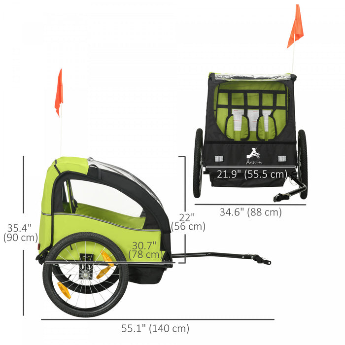 Aosom 2-Seat Bike Trailer for Kids, Baby Bicycle Trailer with Storage Bag, 5-Point Harness, 20\" Rubber Wheels, Safety Flag, Reflectors, Shock Absorber System, for 18+ Months, Green